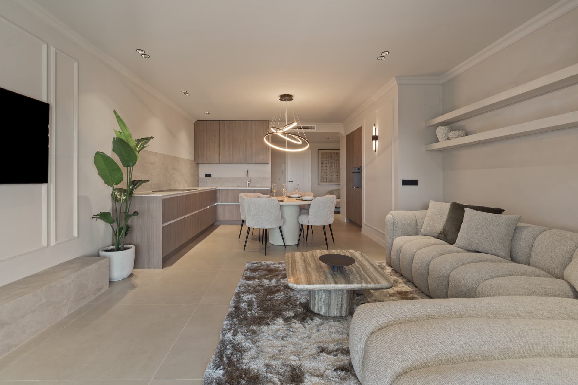Kitchen and dining area seen from the living room