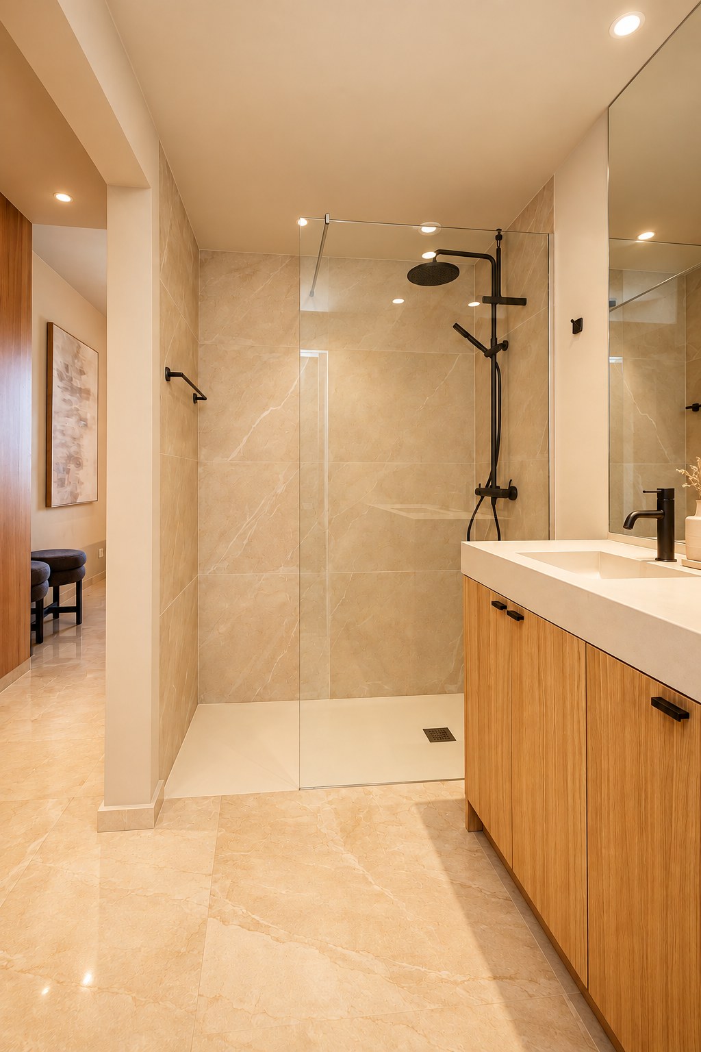 Beige marble bathroom with walk-in shower and oak vanity