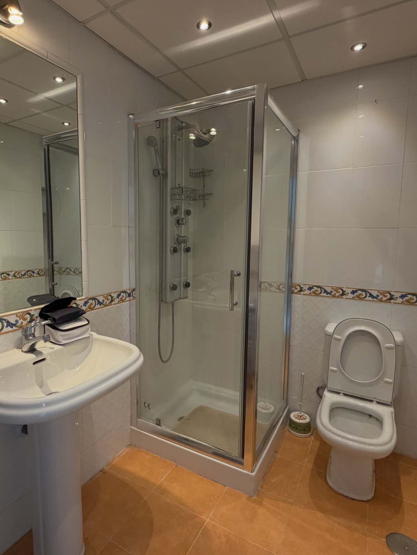 The bathroom before: terracotta floor tiles, a patterned border in the wall tiles, a pedestal sink and an old shower panel