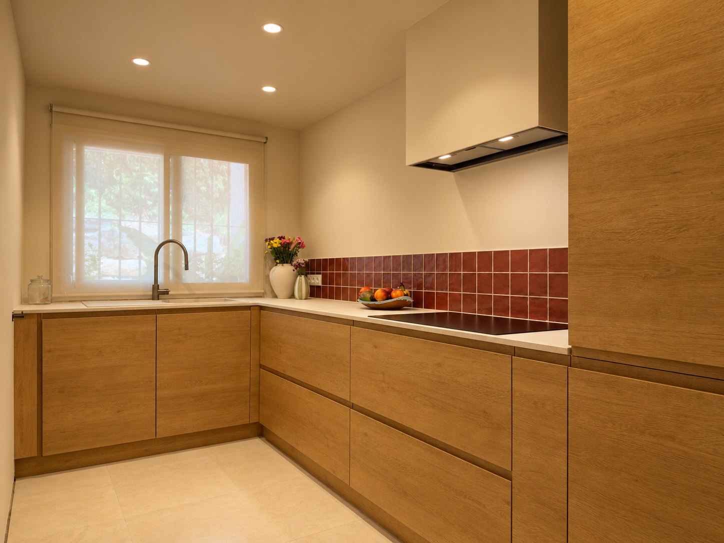 Kitchen in Alhaurín el Grande after the renovation: oak handleless cabinets, red tiled splashback and an induction hob